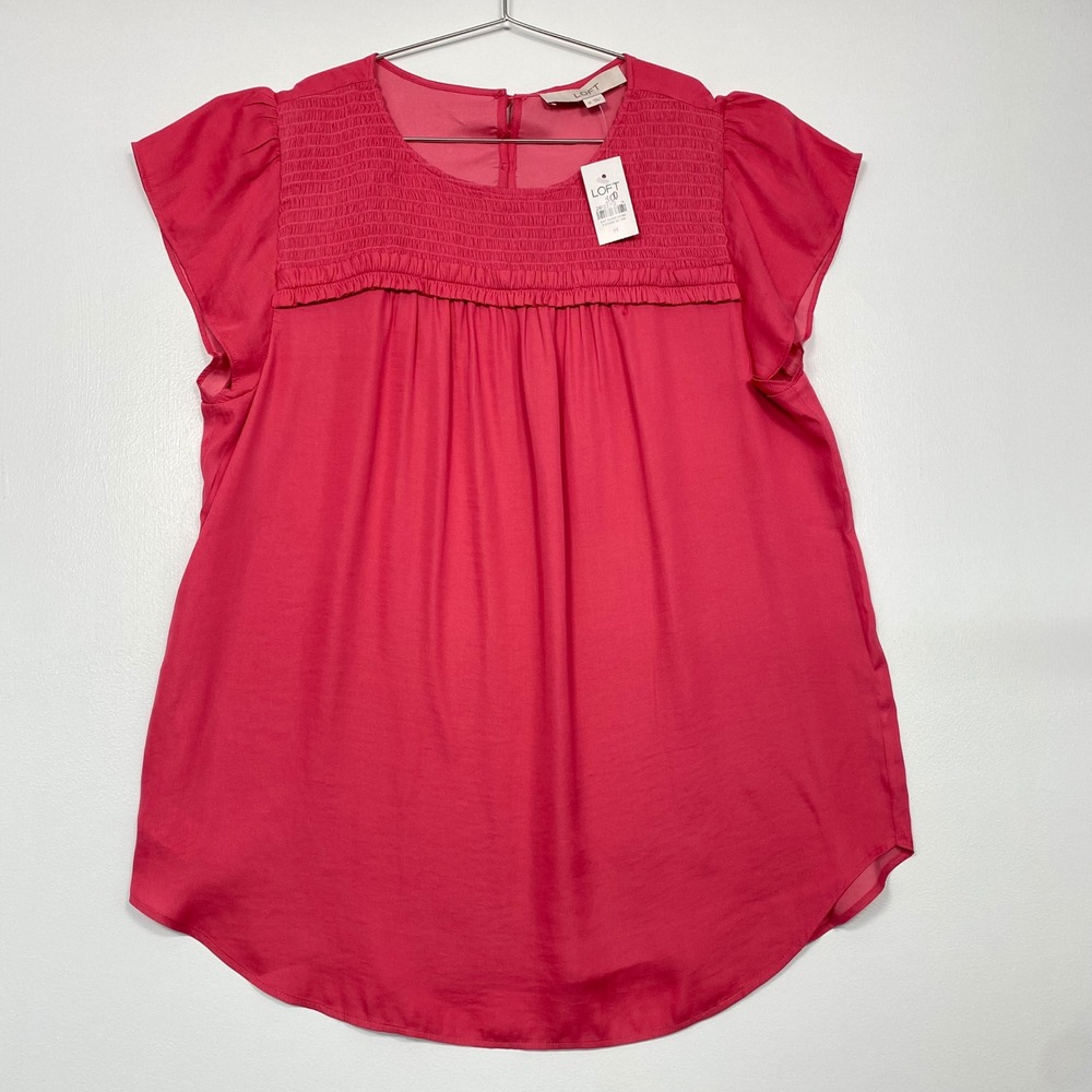 LOFT Women Blouse M Pink Smocked Flutter Sleeve New With Tags 9668